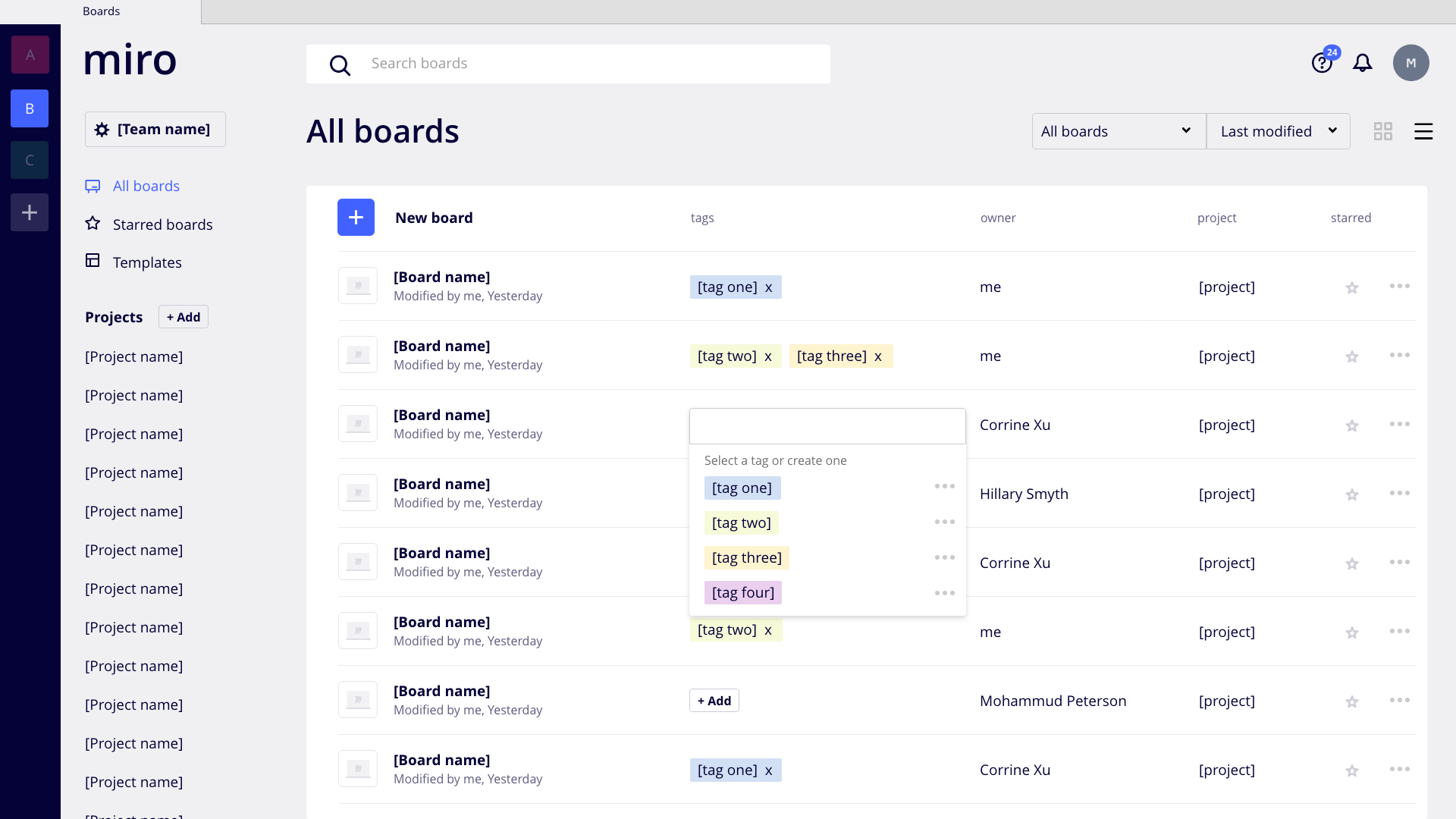 High fidelity design of how users can add and edit tags on the Miro interface.