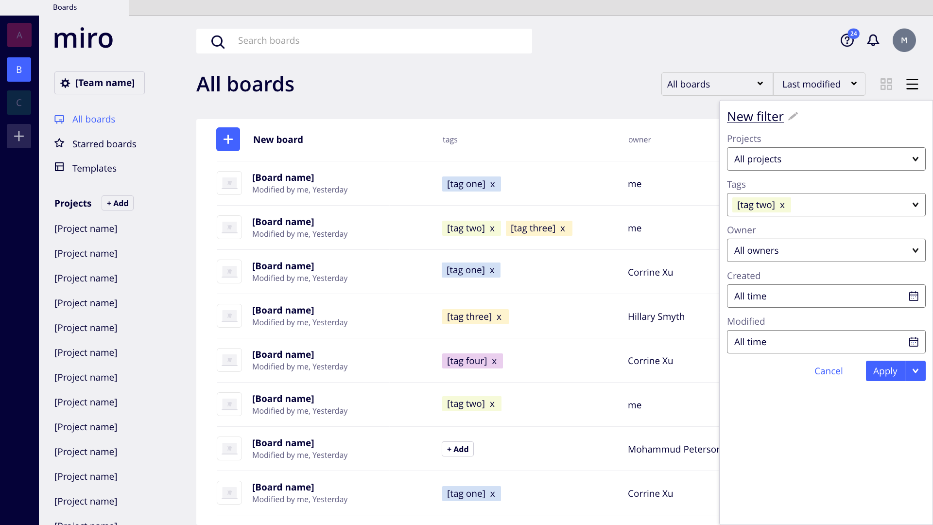 High fidelity design of how users can configure filters on the Miro interface.