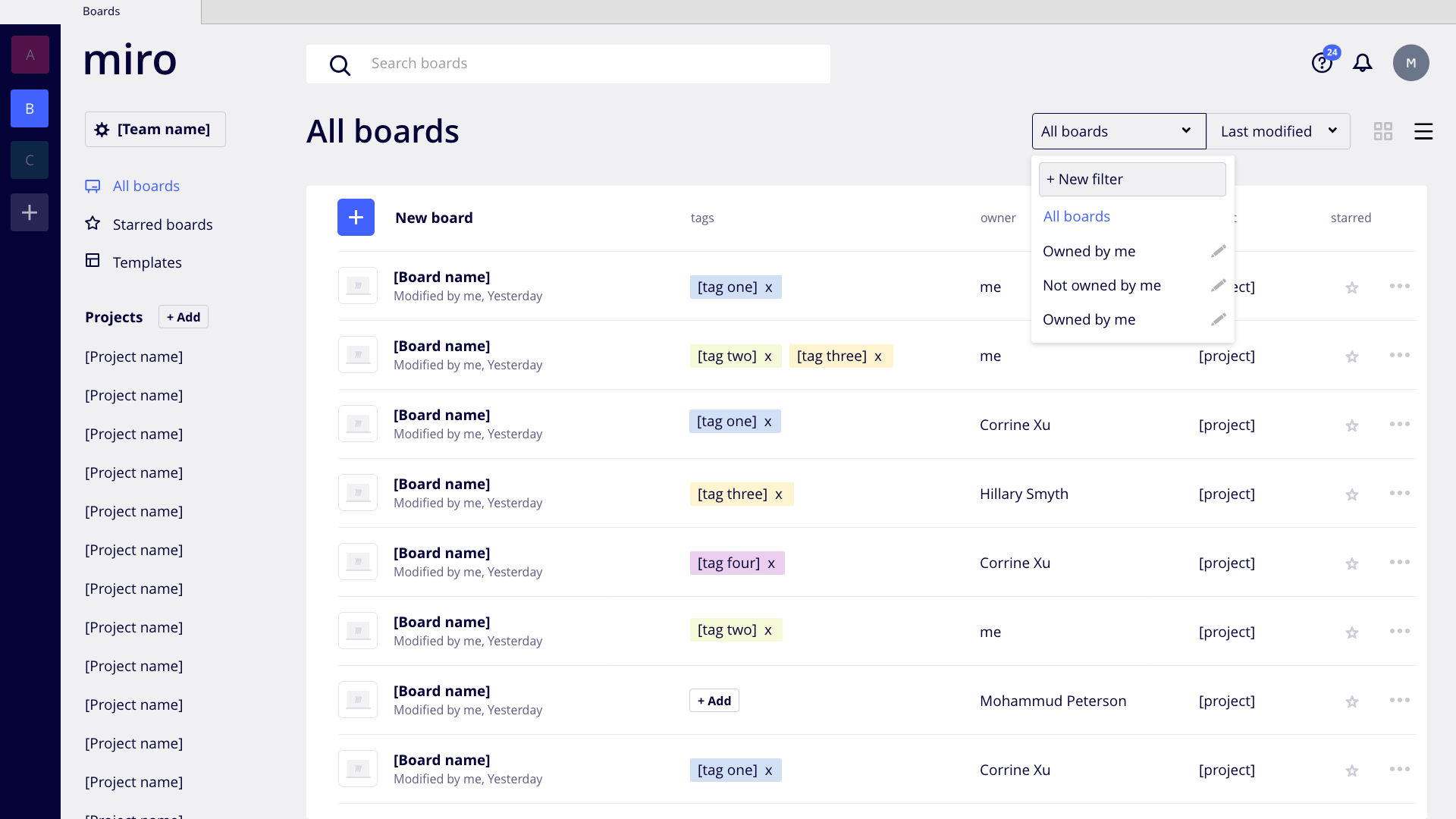 High fidelity design of how users can select and add filters on the Miro interface.