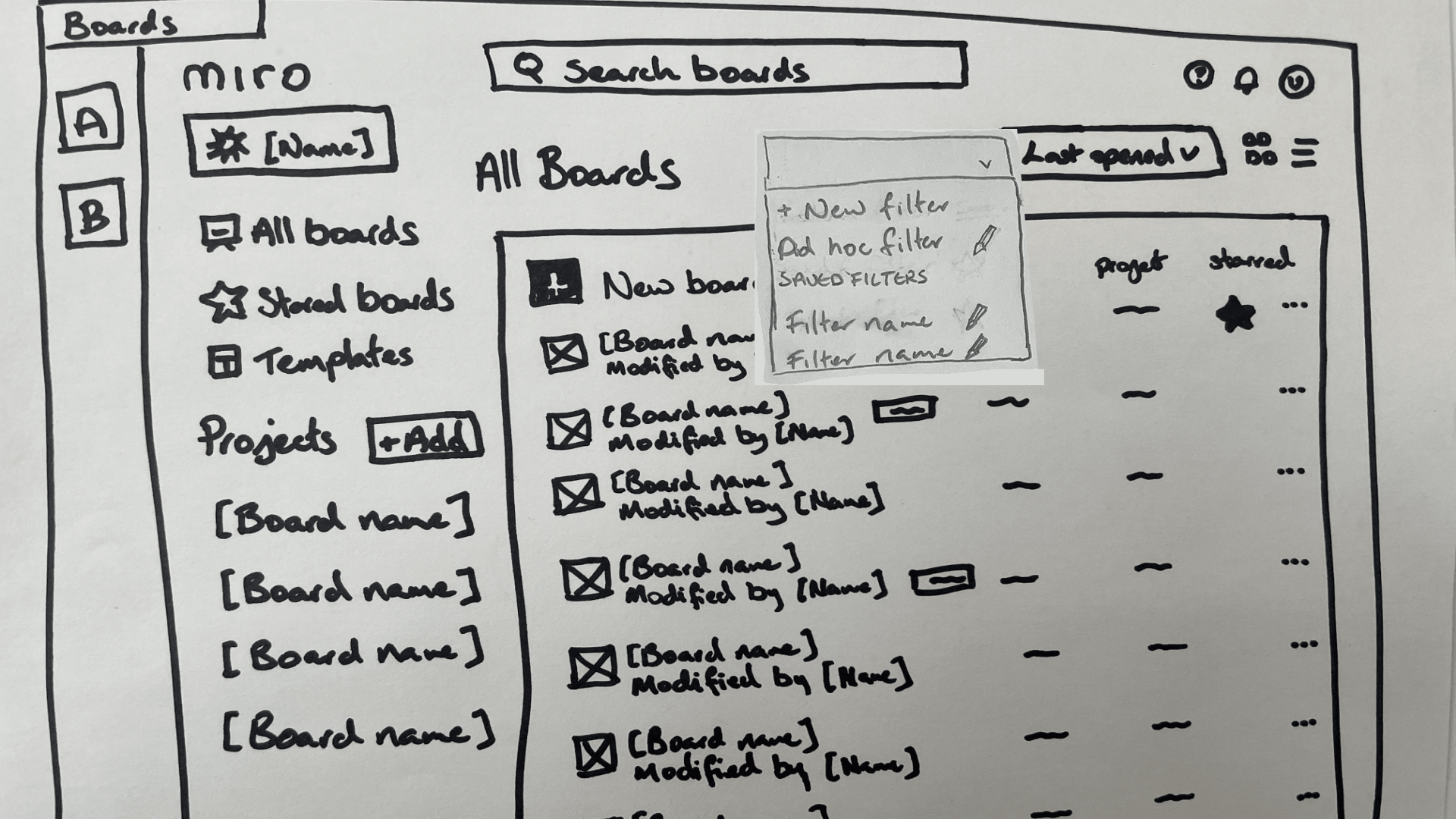 Sketch of how users can select and add filters on the Miro interface.