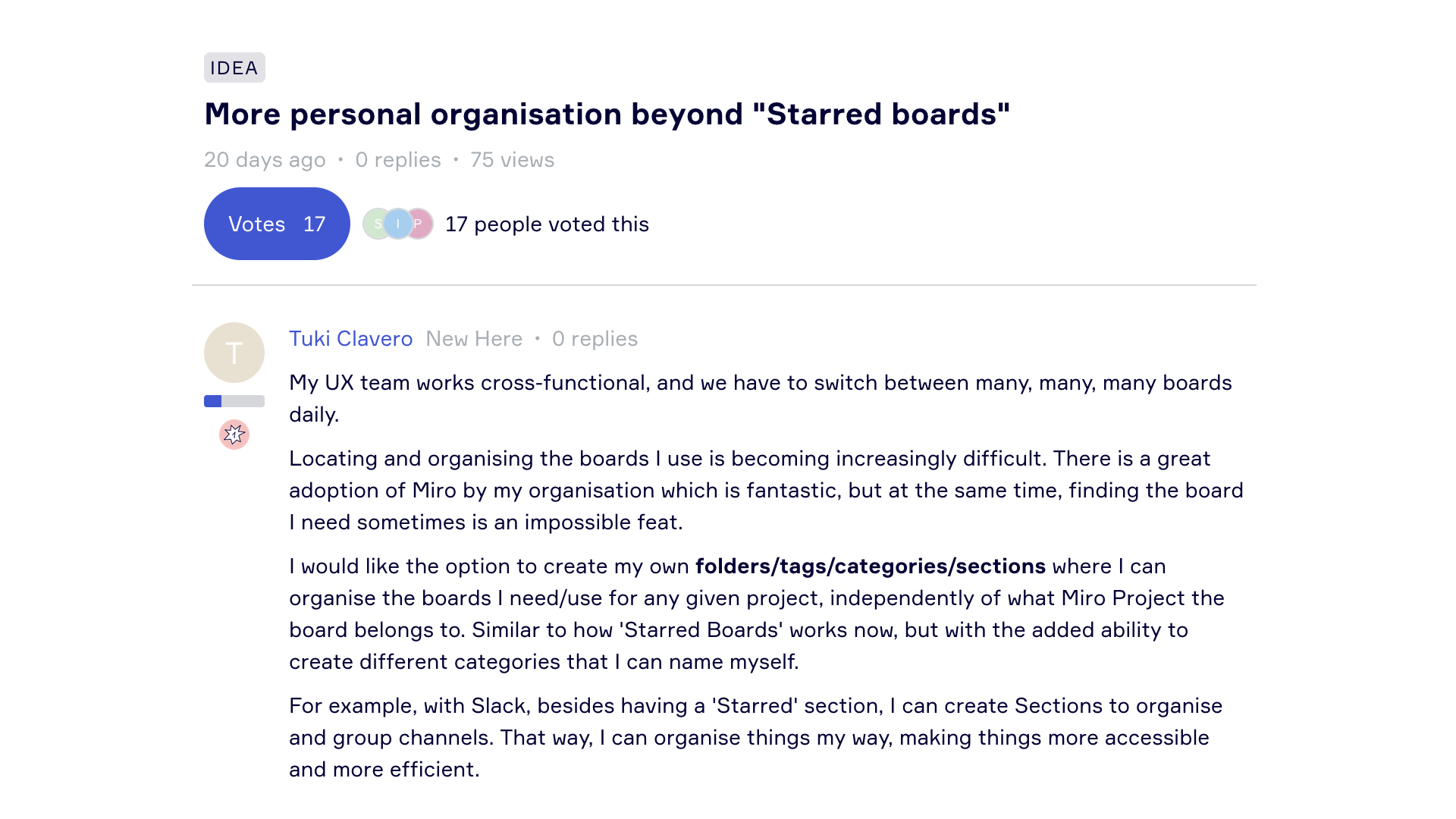 Image from Miro user for a more personal organization beyond Starred boards.