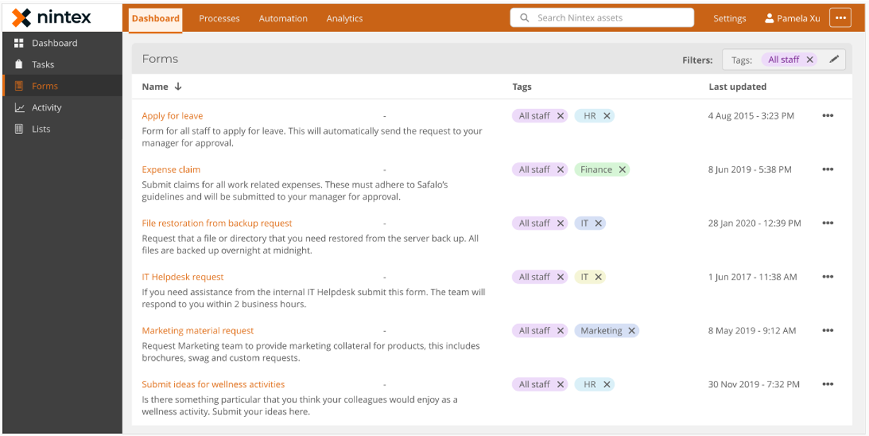 Image of the forms listing page for end users could look in a unified Nintex product.